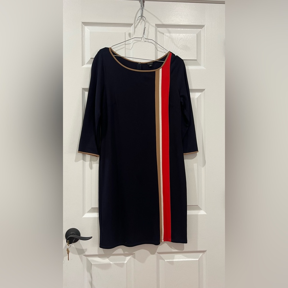 Ann Taylor Navy Blue red Brown Colorblock Stripe Dress Sheath Size Small